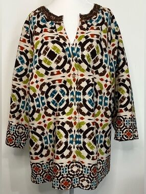 Kate Hill 100% Linen 1X Shirt Jacket Button Beaded Geometric Print Long Sleeve